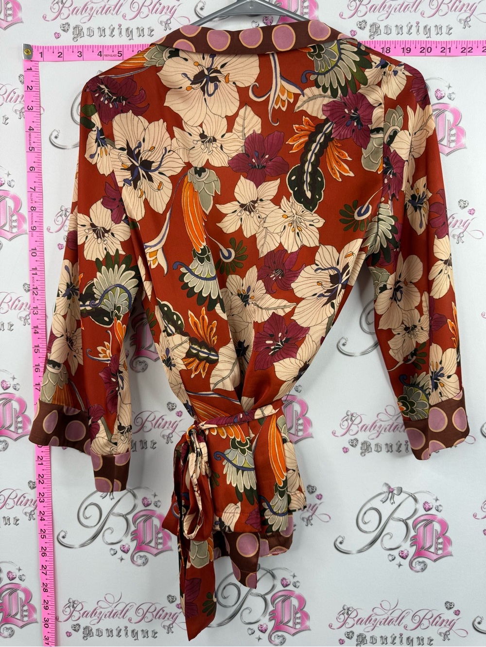 Zara shirt blouse belted tie Rust Floral Tie-Front Blouse with Pink Polka Trim - Picture 2 of 9